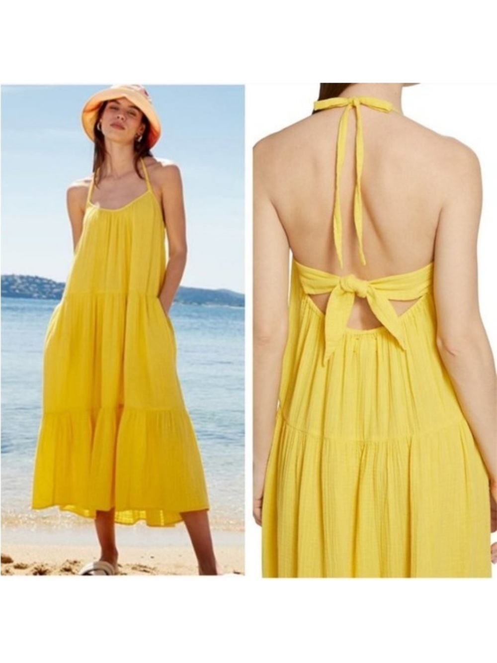 Xirena Lemon Yellow Reagen Cotton Gauze Halter Backless Long Midi Dress S